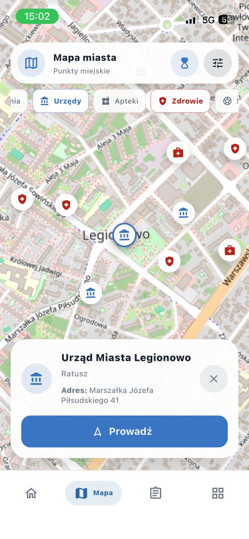 Mapa miasta z punktami użyteczności publicznej — urzędy, apteki, punkty zdrowia