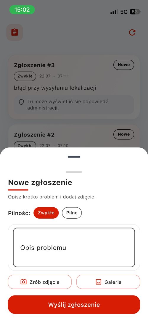 Formularz nowego zgłoszenia usterki z opisem, zdjęciem i poziomem pilności
